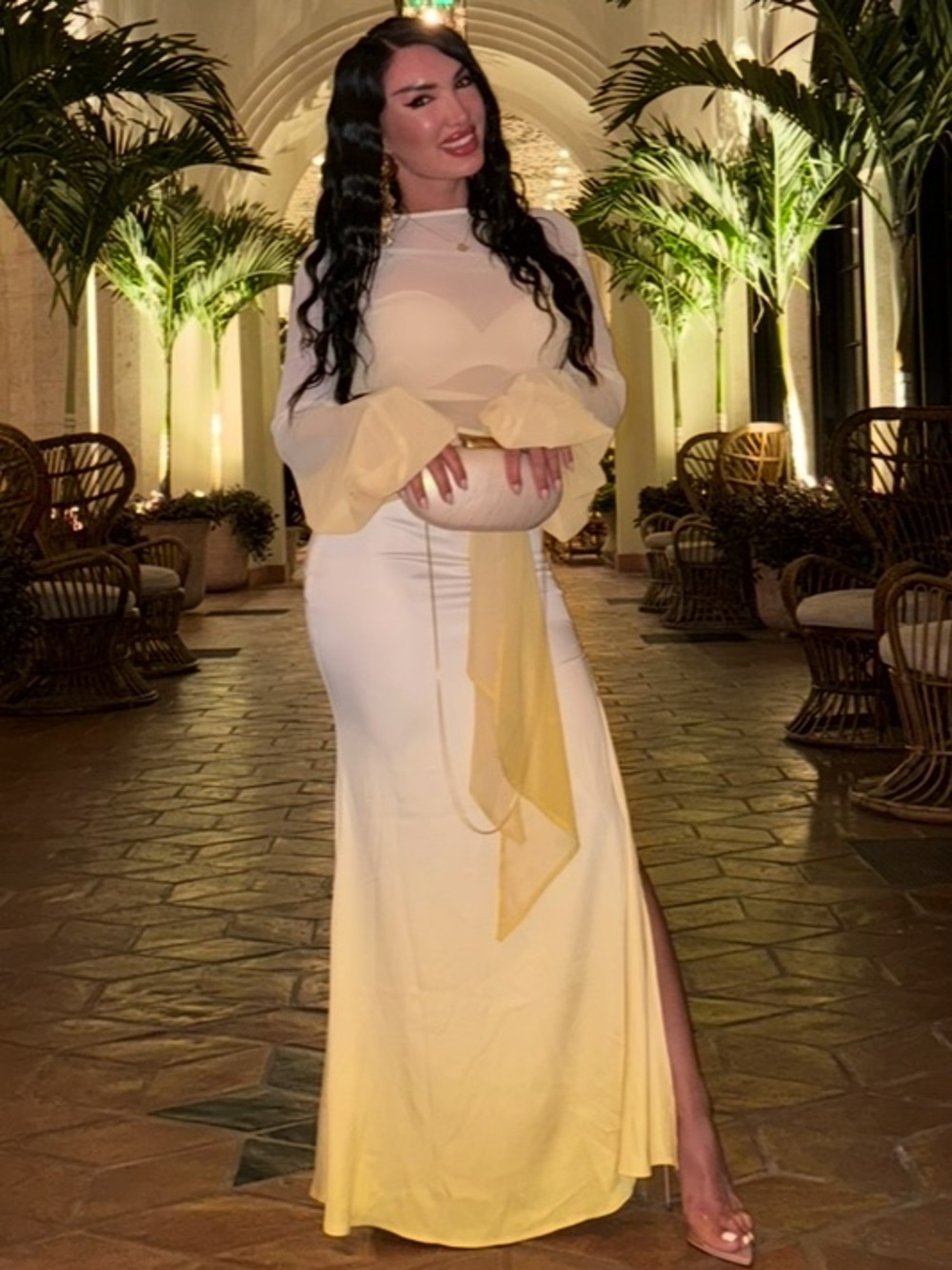 Club L London Cream and Pale Yellow Long Skirt Set with Side Slit